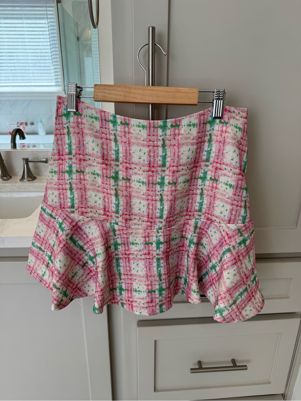 entro Pink and Green Plaid Tweed Flared Mini Skirt